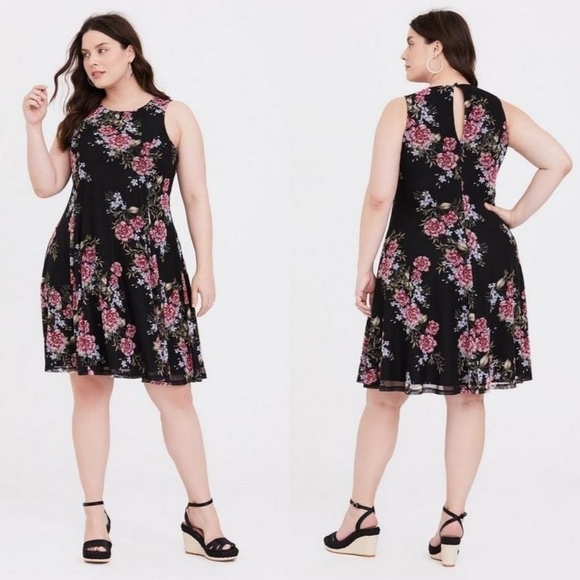 Torrid Black Floral Mini Mesh Trapeze Dress - Picture 1 of 9